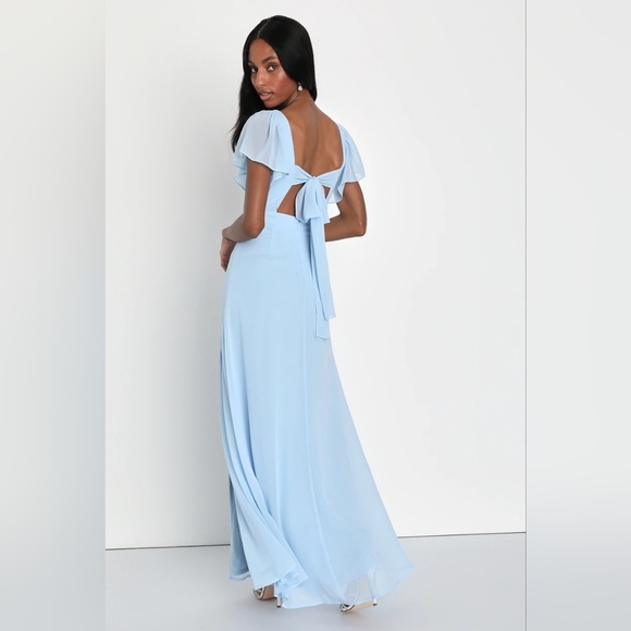 Lulus Simply Delightful Light Blue Tie-Back Flutter Sleeve Maxi M Wedding Party - Picture 5 of 10
